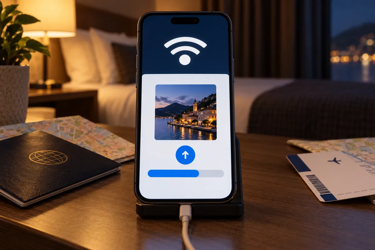 夜のホテルの部屋の机で、充電しながら写真を送信しているスマートフォン。画面上部にWi-Fiのアイコンが表示されている
