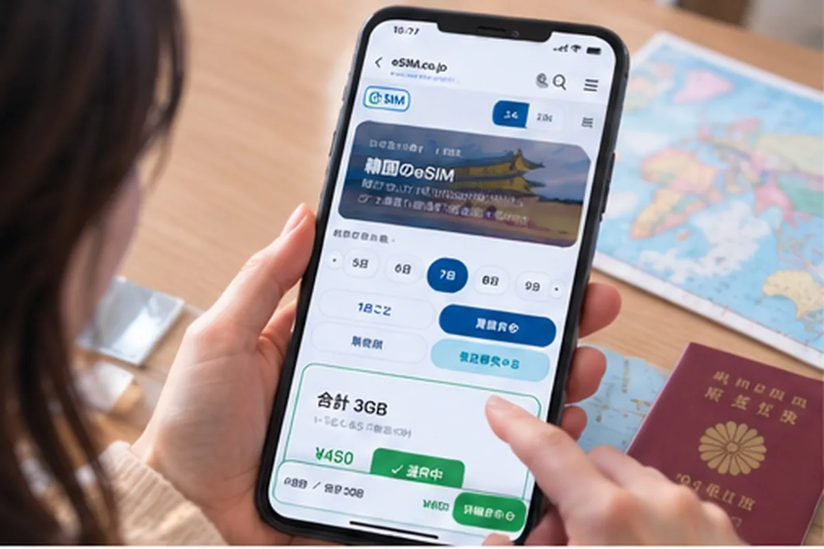 出発前にスマートフォンの設定画面を確認している手元。机の上にパスポートと地図が置かれている