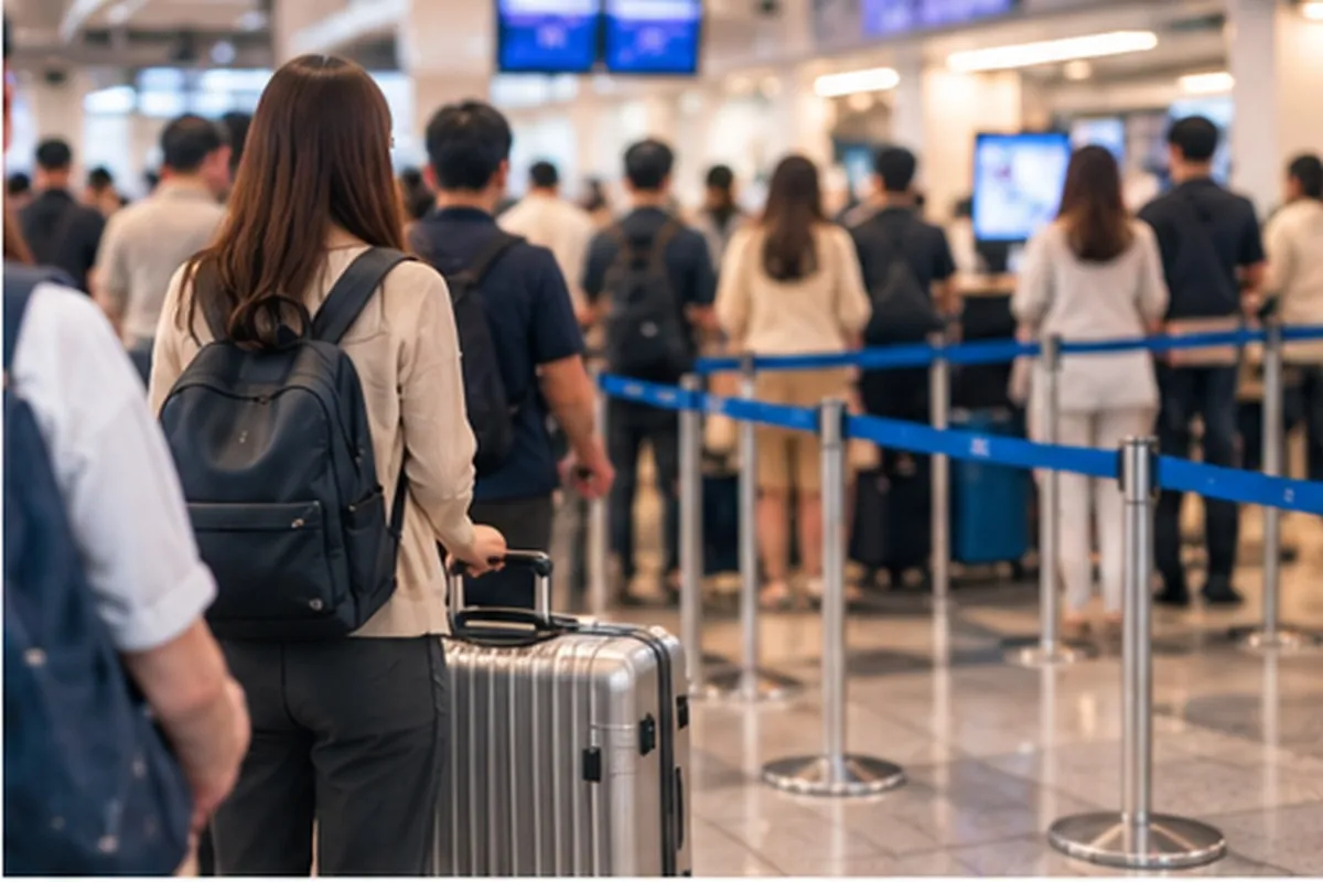 空港の出発ロビーにある受け取りカウンターと、スーツケースを持って並ぶ人の列