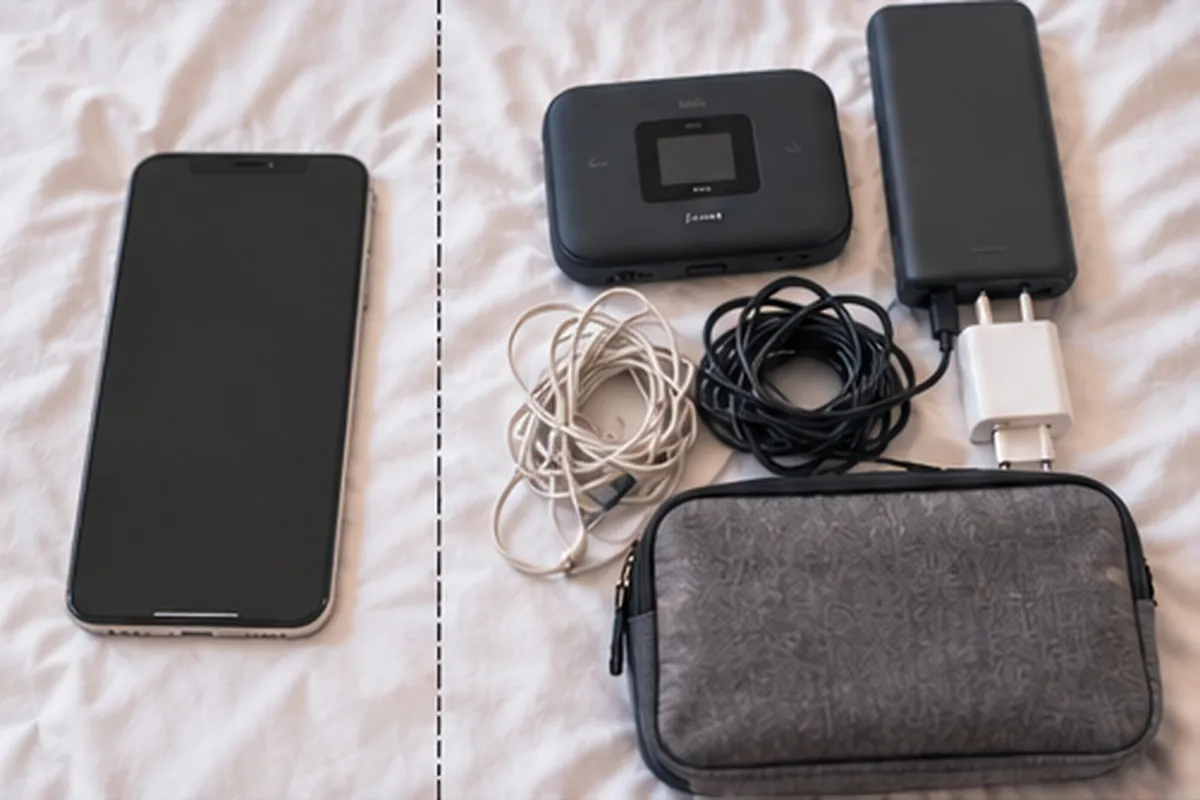 左にスマートフォン1台だけ、右にWiFiルーター本体とバッテリー・充電ケーブル・ポーチを並べて上から撮った比較