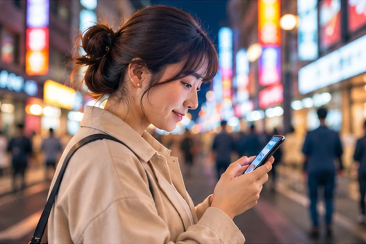 夜のアジアの繁華街で、ネオンを背景にスマートフォンを使っている手元