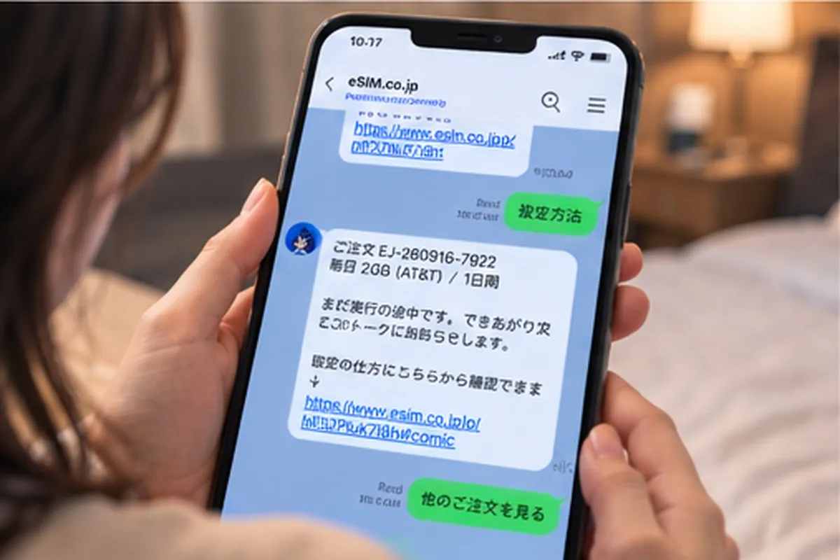 夜のホテルの部屋で、スマートフォンのチャット画面を開いている手元