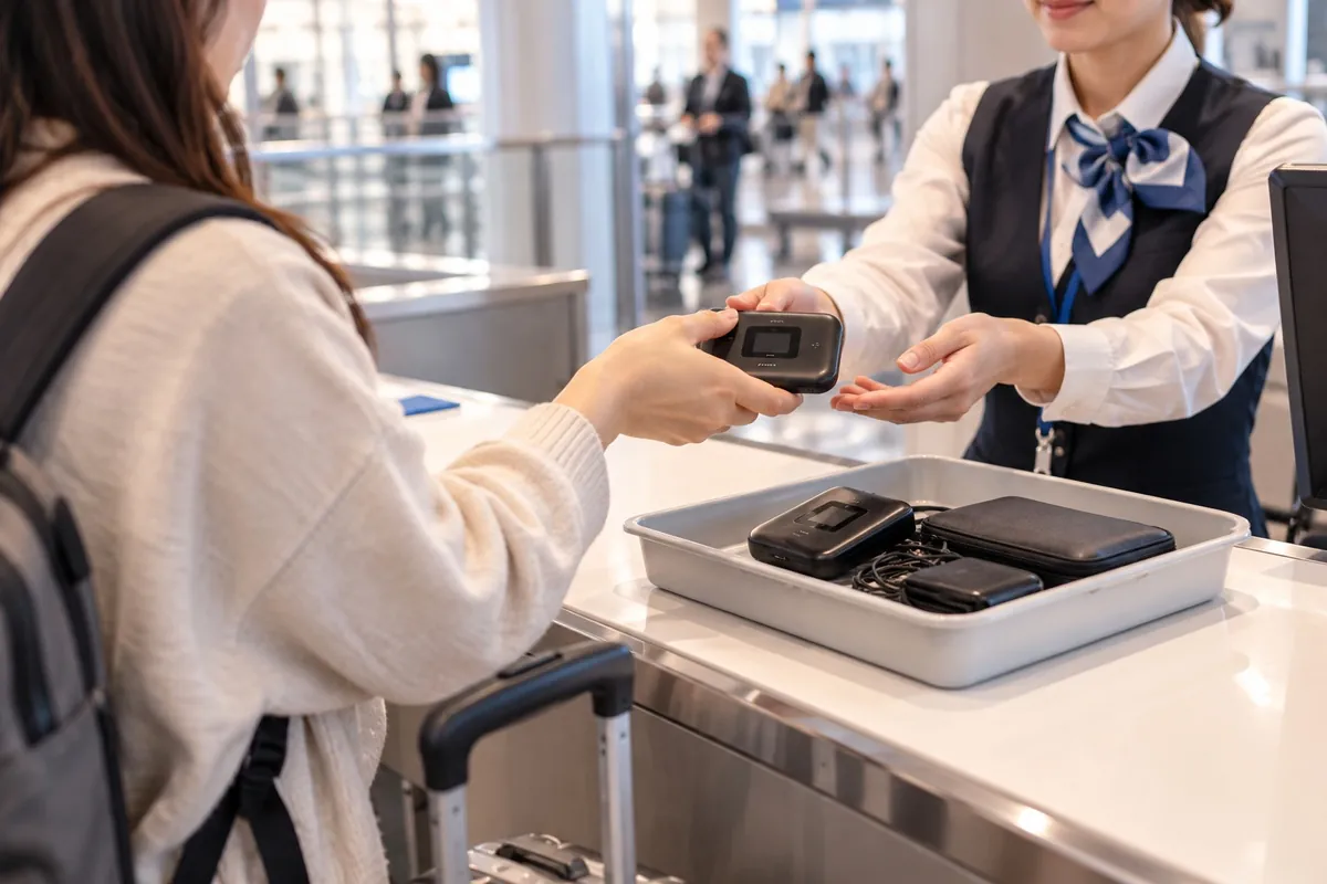 空港の返却カウンターに置かれた、何も入っていない返却用のトレー